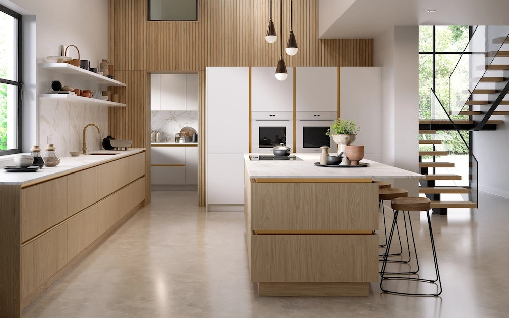 Wood and white handleless kitchen in oxfordshire